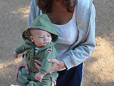 Hunter keeps warm in the morning.